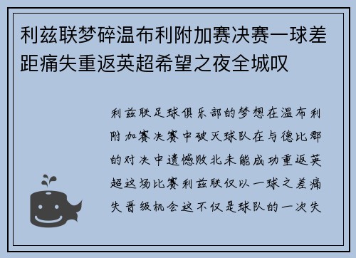利兹联梦碎温布利附加赛决赛一球差距痛失重返英超希望之夜全城叹