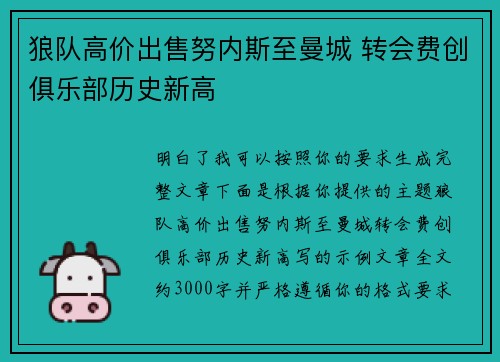 狼队高价出售努内斯至曼城 转会费创俱乐部历史新高
